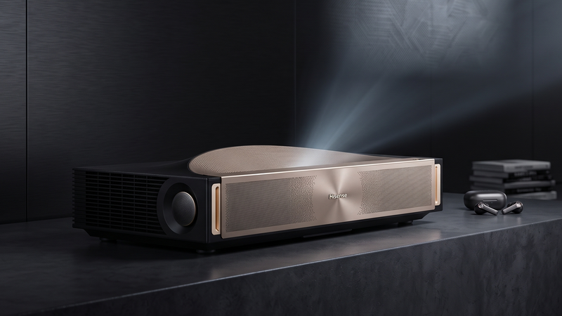 A modern projector with a metallic champagne-gold front and black sides sits on a dark console, projecting a soft light pattern onto a wall in a dimly lit room.