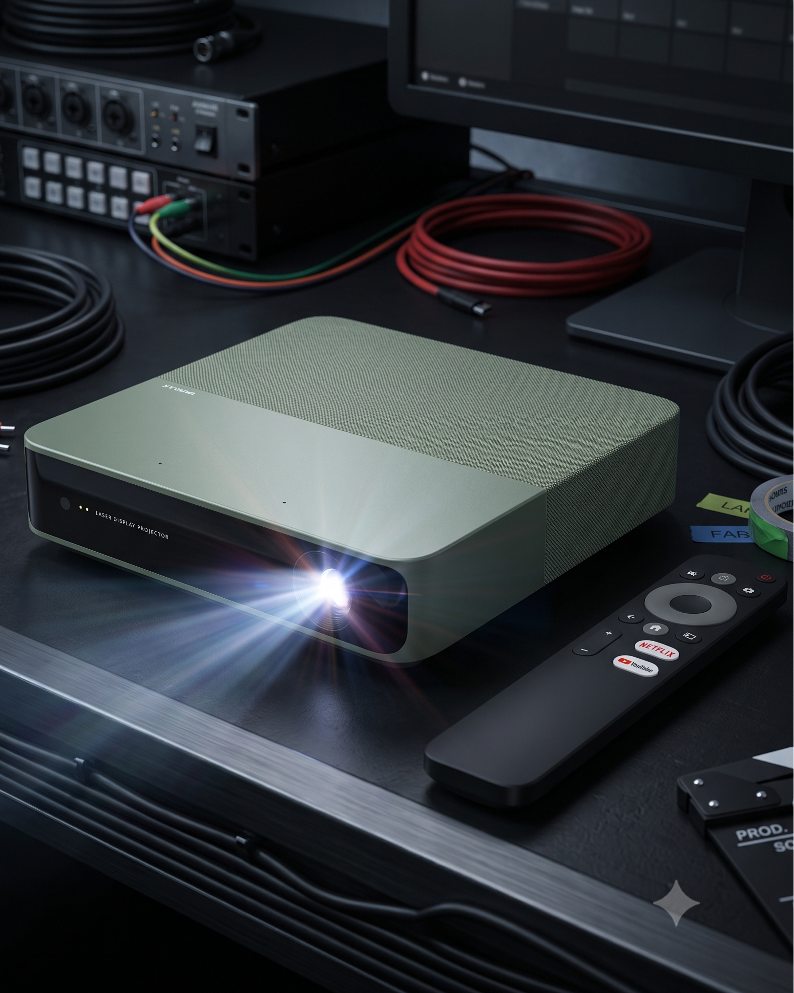 A compact rectangular projector in a muted sage green color sits on a dark desk, casting a bright beam of light forward. A black remote control rests beside it, with cables, audio equipment, and a monitor in the background.